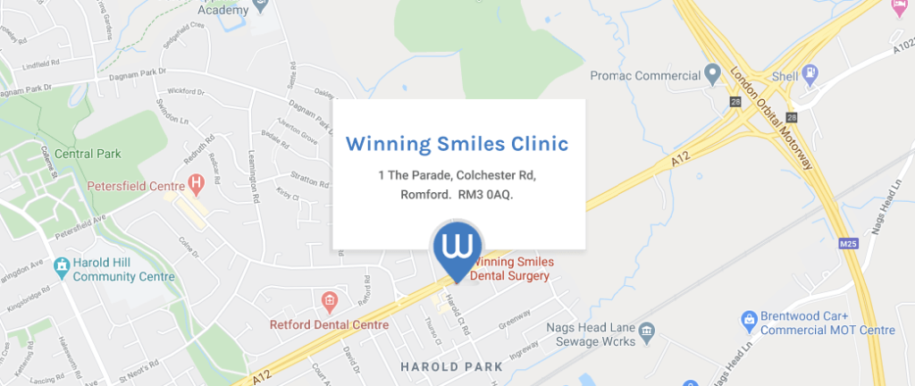 Map to Winning Smiles Clinic | 1 The Parade, Colchester Rd, Romford. RM3 0AQ